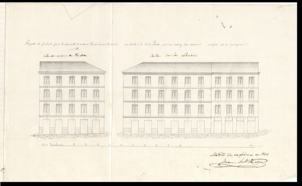Miniatura de D. Juan Antonio Sánchez, en solicitud de licencia para construir de nueva planta de su casa calle de Mesón de Paredes, nº 34, con vuelta a la de Abades.