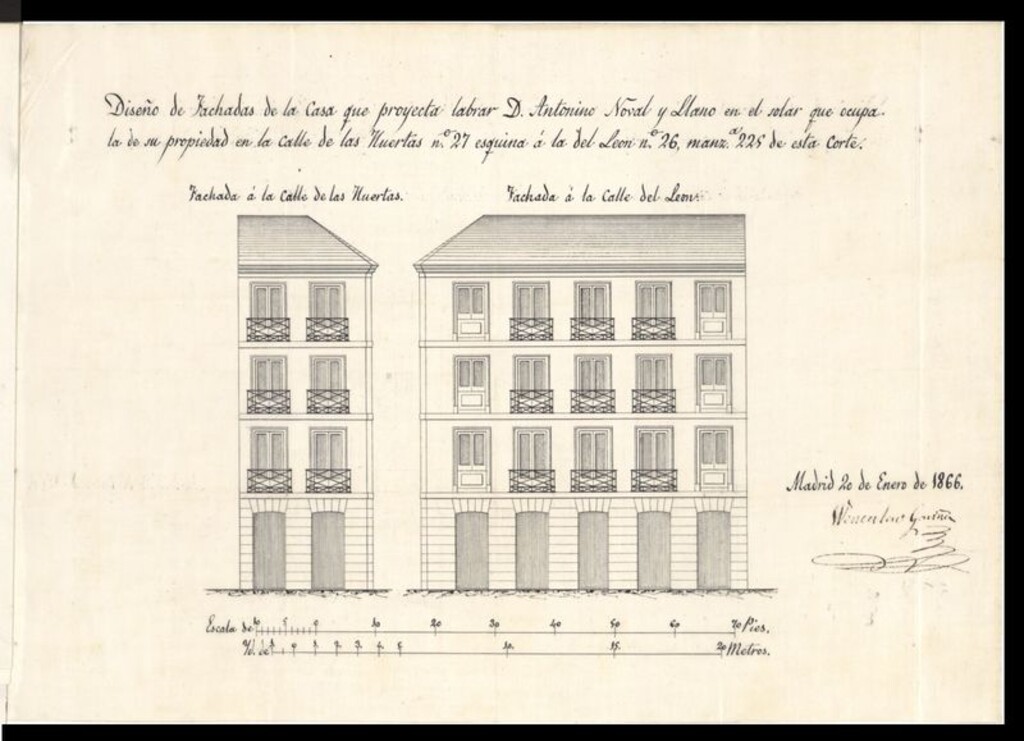 Miniatura de D. Antonio Noval y Llano, para  construir de nueva planta la casa de  su propiedad sita en la calle de las Huertas, nº 27 y del León, nº 36.