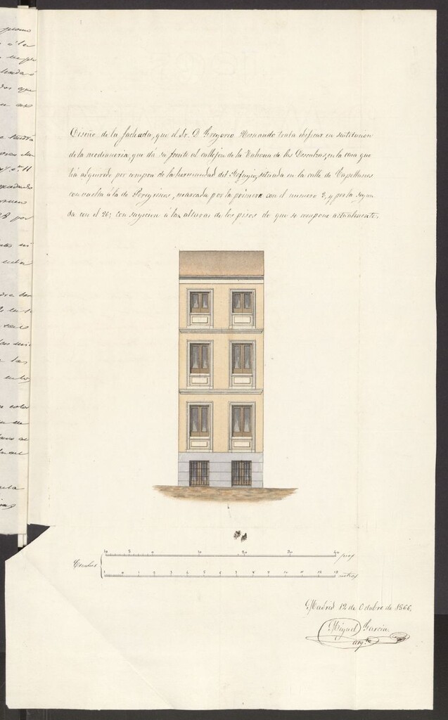 Miniatura de D. Gregorio Hernando para construir de nueva planta la casa de su propiedad, sita en la calle de Capellanes, nº 2, con vuelta a la Peregrinos, nº 26