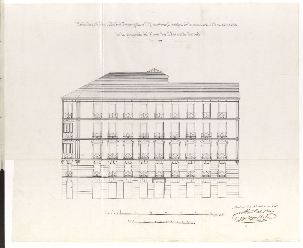 Miniatura de D. Fernando Corradi, en solicitud de licencia para construir de nueva planta su casa calle del Desengaño nº 27 moderno, con vuelta a la del Olivo y travesía del Horno de la Mata.