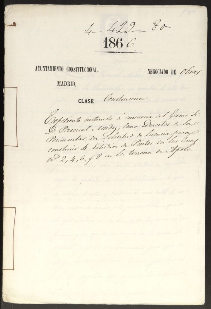 Miniatura de A instancia del Excmo. Sr. D. Pascual Madoz, como Director de la Peninsular, en solicitud de licencia para construir 4 Estudios de Pintor en las casas nº 2, 4, 6 y 8 en los terrenos de Apolo.