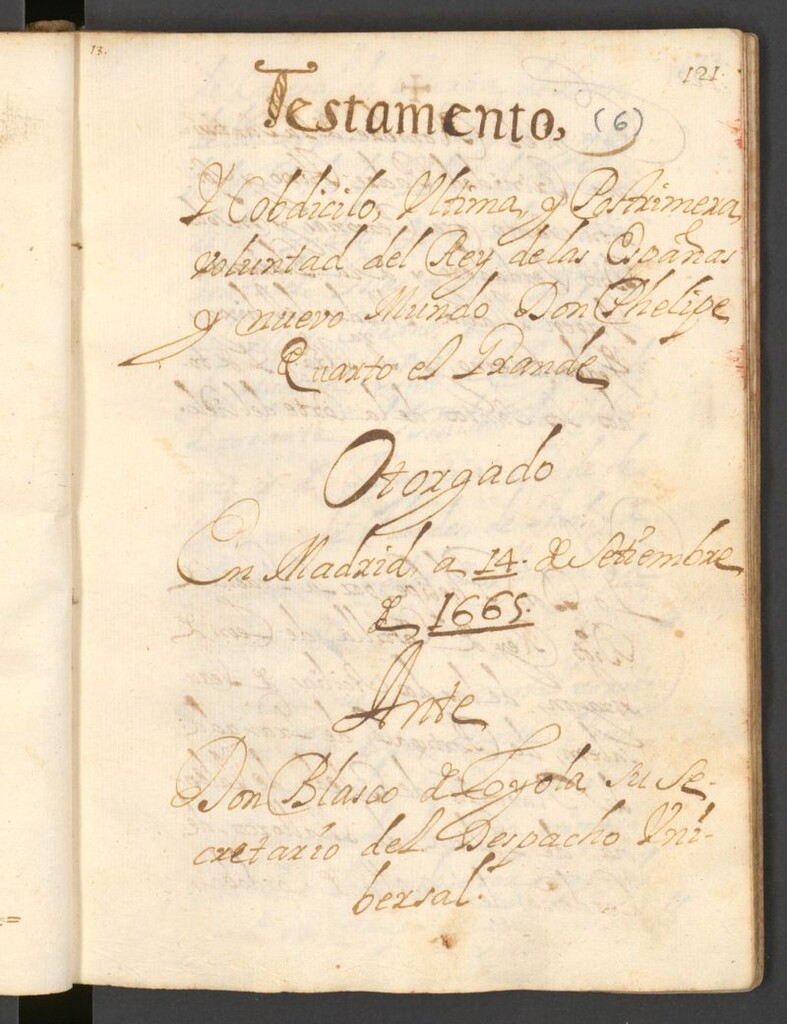 Miniatura de Testamento y cobdicilo, última y postrimera voluntad del Rey de las Españas y Nuevo Mundo Don Phelipe Quarto el Grande. Otorgado en Madrid a 14 de Setiembre de 1665