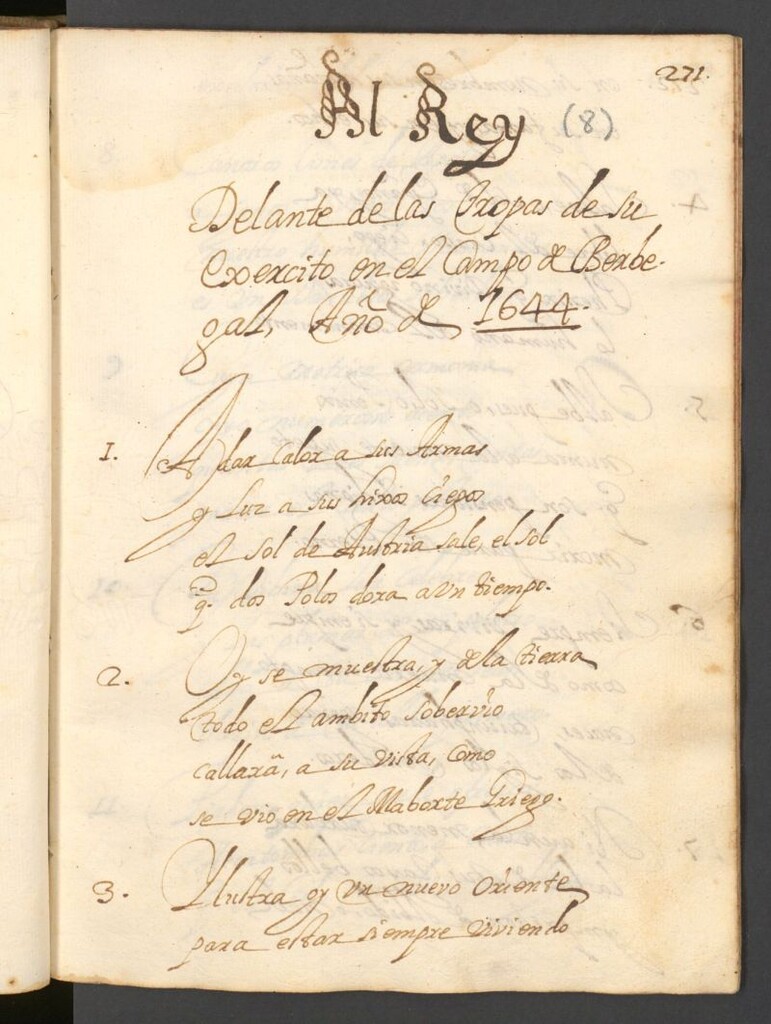 Miniatura de Al Rey delante de las tropas de su exercito en el Campo de Berbegal. Año de 1644