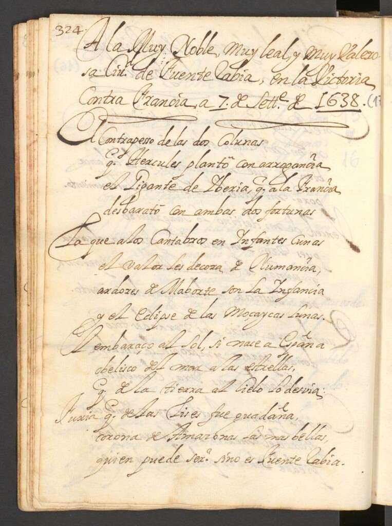 Miniatura de A la muy noble, muy leal y muy valerosa Ciud. de Fuenterabia, en la victoria contra Francia, a 7 de Sett. de 1638 [Soneto]