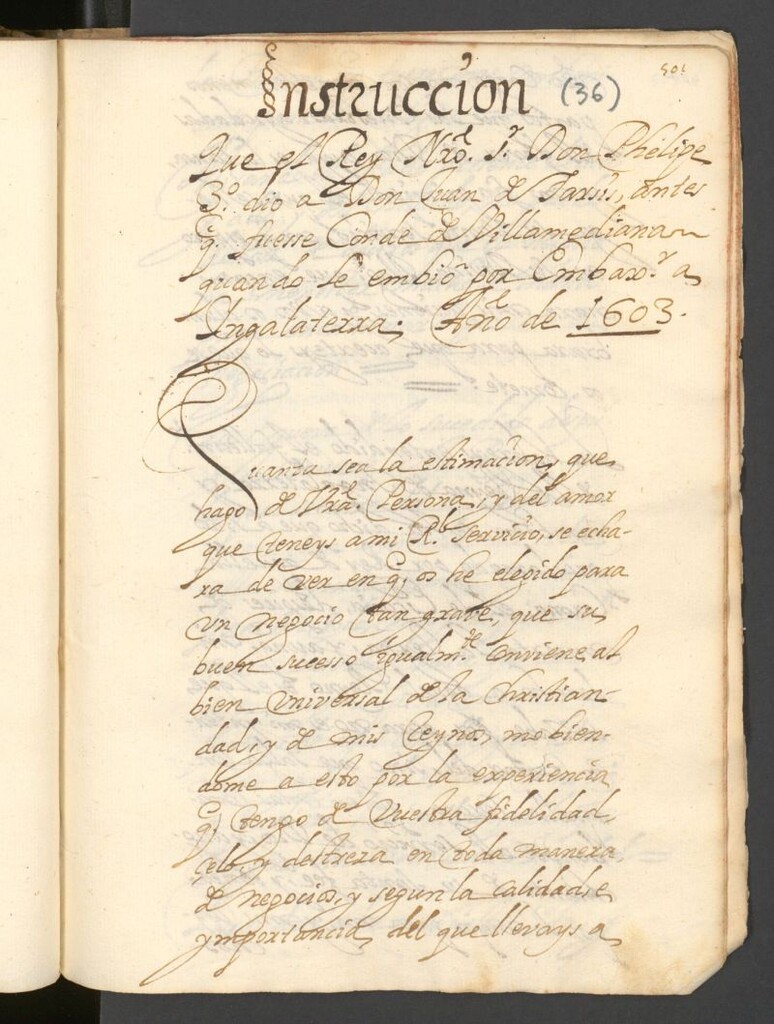 Miniatura de Instrucción que el Rey Nro. Sr. Don Phelipe 3º dió a Don Juan de Tarsis, antes que fuese Conde de Villamediana cuando le embió por Embaxr. a Inglaterra. Año de 1603