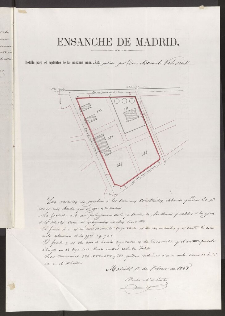 Miniatura de D. Manuel Velasco, licencia para edificar en unos terrenos señalados con el nº 9 para el Paseo de los Olmos.