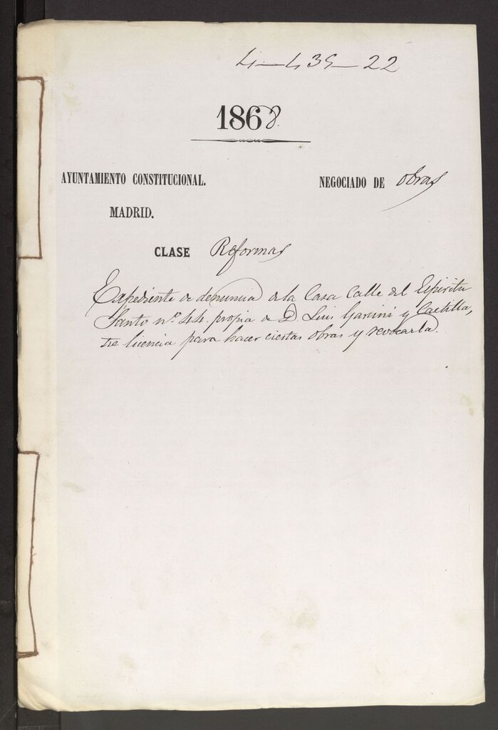 Miniatura de Expediente de denuncia de la casa calle del Espíritu Santo nº 44 propia a D. Luis Garcini y Castilla, sobre licencia para hacer ciertas obras y revocarla.