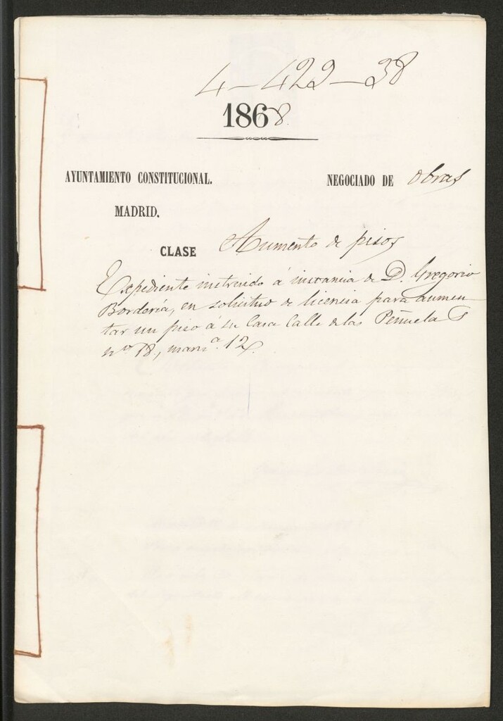 Miniatura de D. Gregorio Borderia, en solicitud de licencia para aumentar un piso a su casa calle de las Peñuelas nº 18, manzana 12.