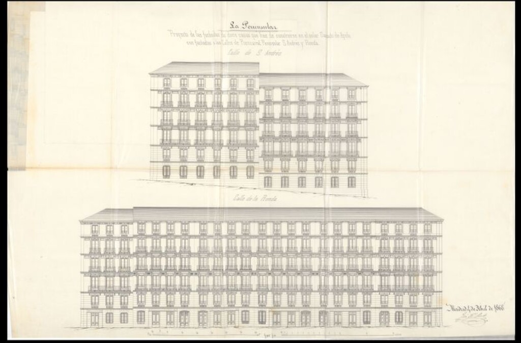Miniatura de D. Pascual Madoz, como Director de la Peninsular, en solicitud de licencia para construir de nueva planta en el terreno denominado de Apolo seis casas más con fachada a las calles de Fuencarral, Peninsular, S. Andrés y la Ronda.