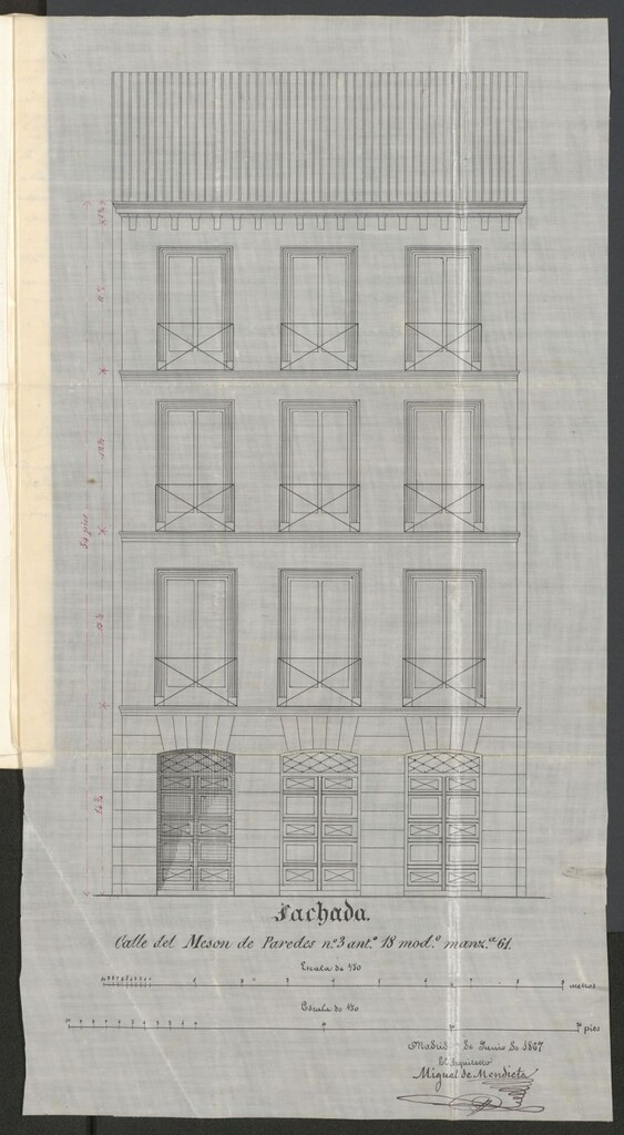 Miniatura de D. Gregorio de Palacio y S. Ramón, en solicitud de licencia para construir de nueva planta la casa calle de Mesón de Paredes nº 18, propia de D. José María Barnalde.