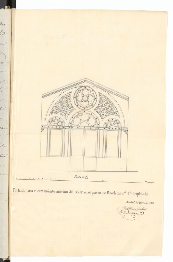 Miniatura de D. Simón de las Rivas, en solicitud de licencia para construir un cerramiento provisional entre la casa nº 15 y el circo del Príncipe Alfonso.