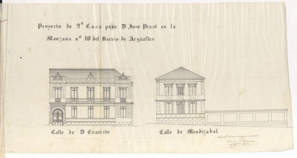 Miniatura de D. José Prats, solicita autorización para construir una casa en el solar nº 10 del barrio de Argüelles, calle de D. Evaristo, nº 15, con vuelta a la Mendizábal, nº 12 provisional.