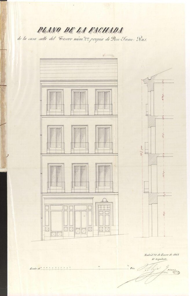 Miniatura de D. Juan Rus, acerca de la nueva planta de la casa nº 22 de la calle del Tesoro.