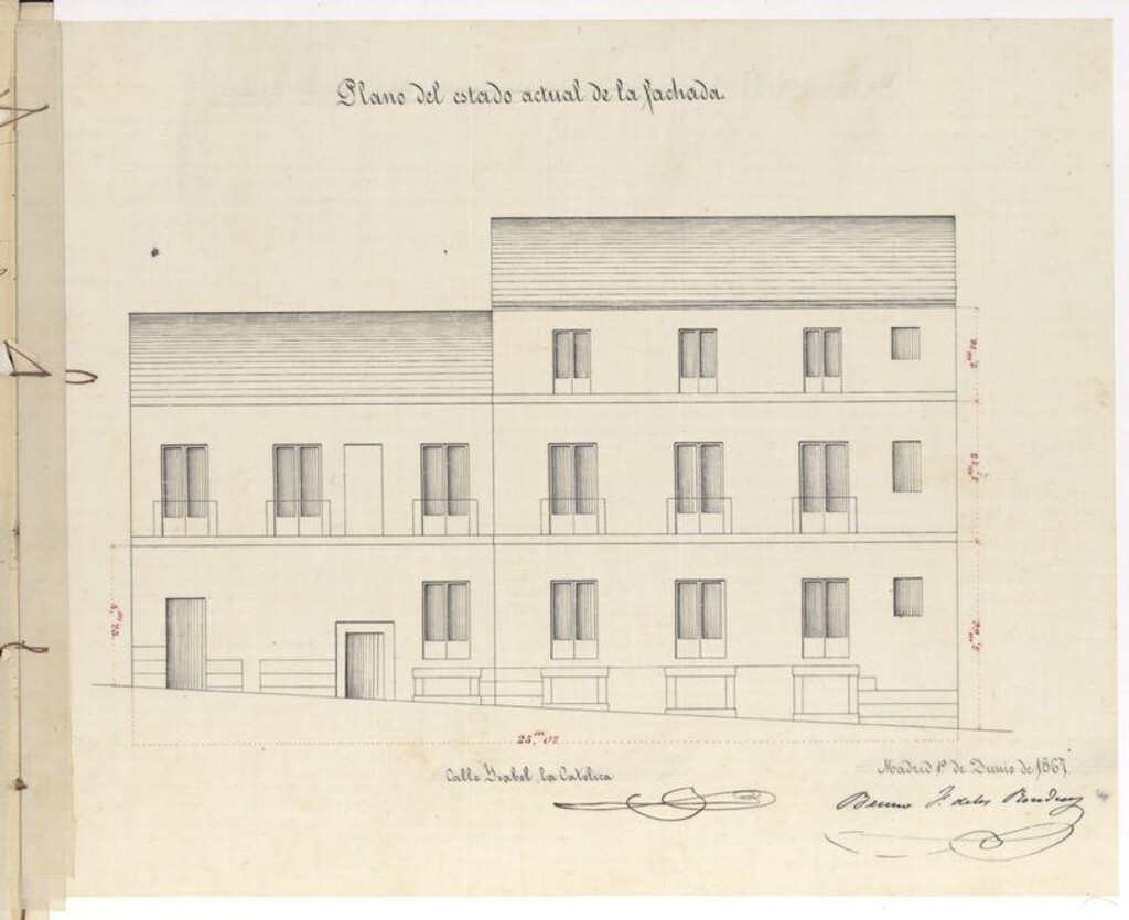 Miniatura de D. Francisco Olazaba, solicita rasgar los huecos de fachada de la casa nº 11, plazuela de Santo Domingo, con vuelta a la calle de Isabel la Católica, y levantar un piso por esta calle.