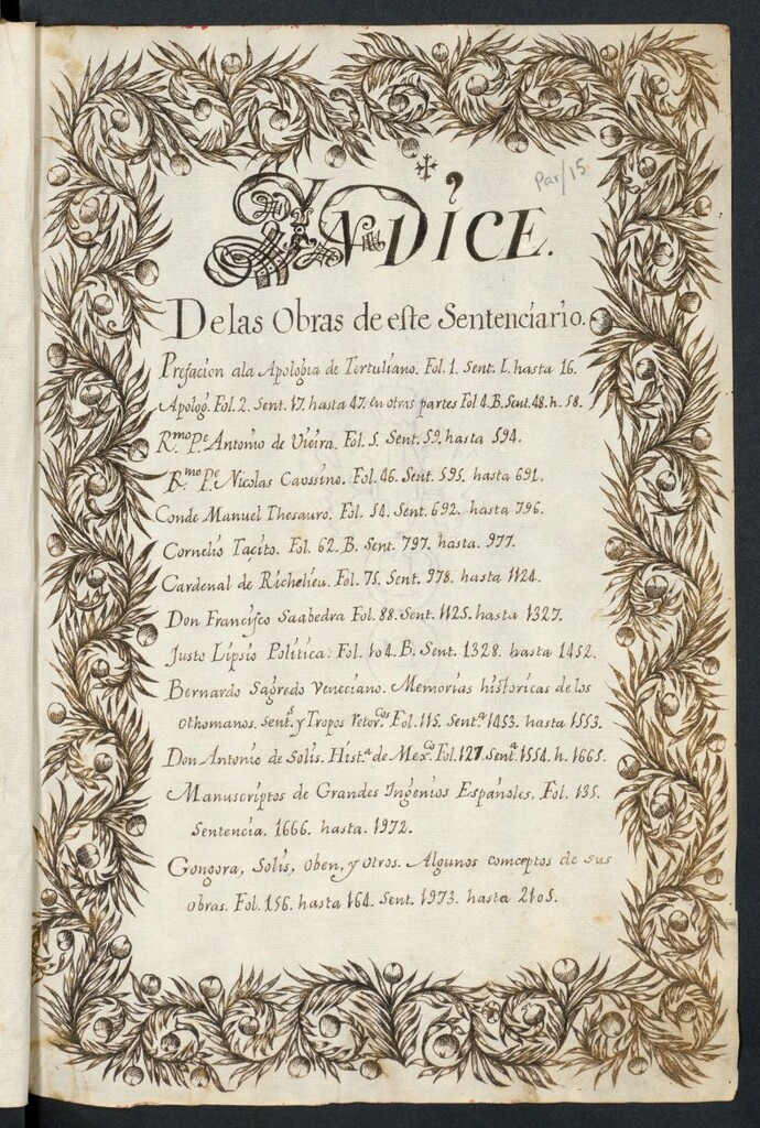 Miniatura de Sentenciario  : sacado de las obras de Tertuliano, Vieira, Causino, Thesauro, Tácito, Richelieu, Saavedra, Lipsio, Sagredo, Solís, Góngora, Oben y otros ingenios españoles.