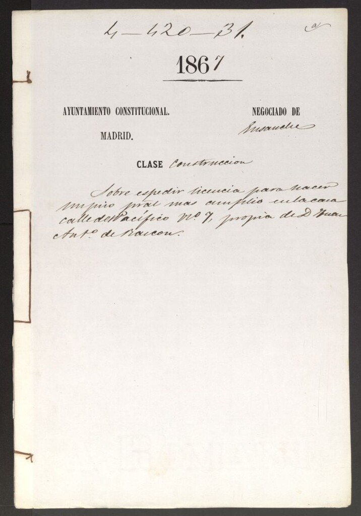 Miniatura de D. Juan Antonio de Bascón, sobre expedir licencia para hacer un piso principal más amplio en la casa calle de Pacífico nº 7.