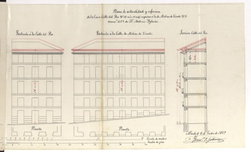 Miniatura de D. Antonio Iglesias, solicita autorizaicón para aumentar la alttura del piso 3º de su casa calle del Pez, nº 12, esquina a la del Molino de Viento.