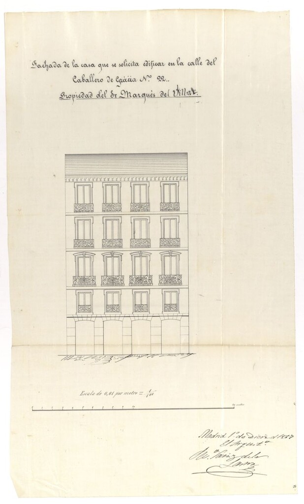 Miniatura de Sr. Marqués viudo del Villa, para construir de nueva planta su casa calle de Caballero de Gracia nº 22 moderno, 38 antiguo.
