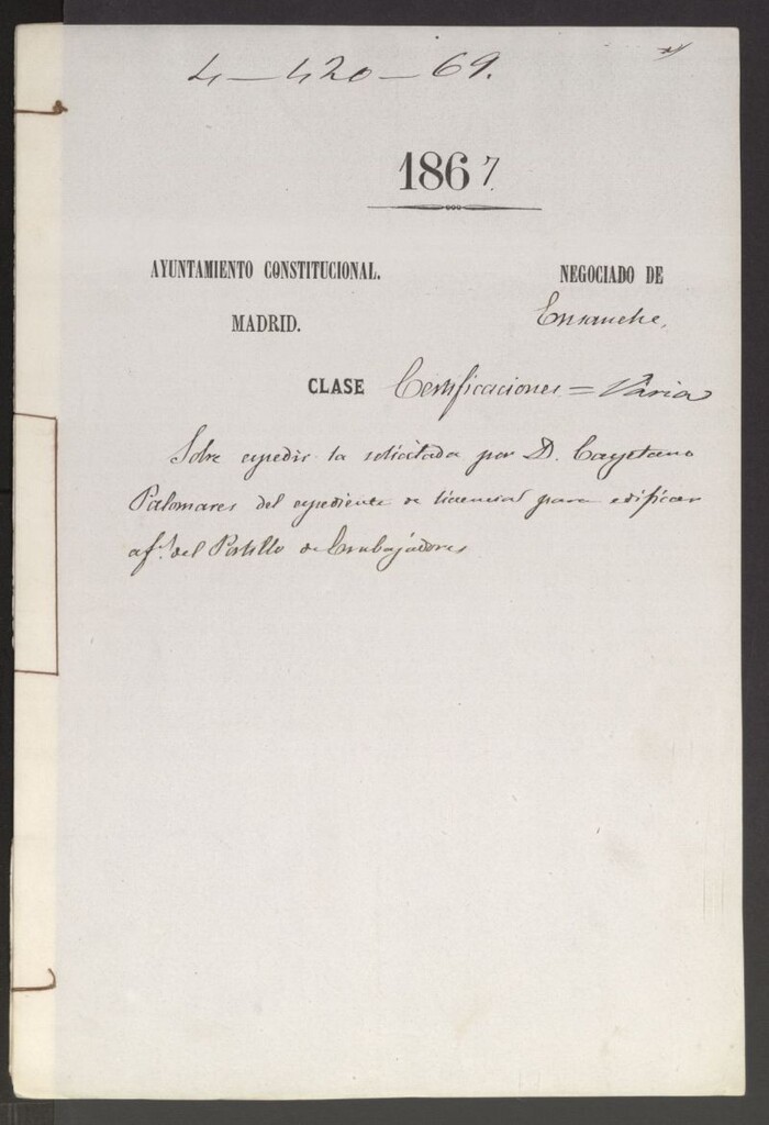 Miniatura de D. Cayetano Palomares, del expediente de licencias para edificar afueras del Portillo de Embajadores.