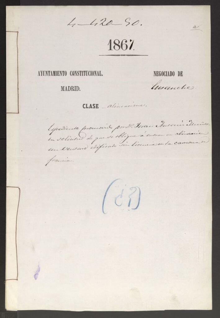 Miniatura de D. Juan Antonio Muñoz, en solicitud de que se le obligue a entrar en alineación un ventorro edificado sin licencia en la carretera de Francia.