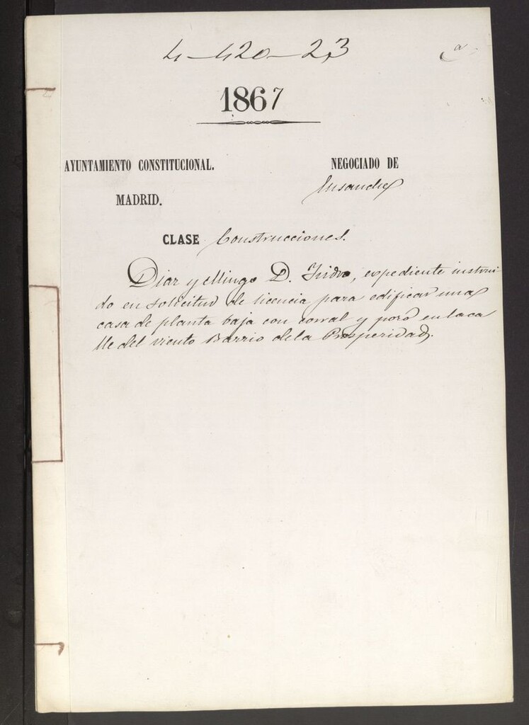 Miniatura de D. Isidro Díaz y Mingo, expediente instruido en solicitud de licencia, para edificar una casa de planta baja con corral y pozo en la calle del Viento Barrio de Próperidad.