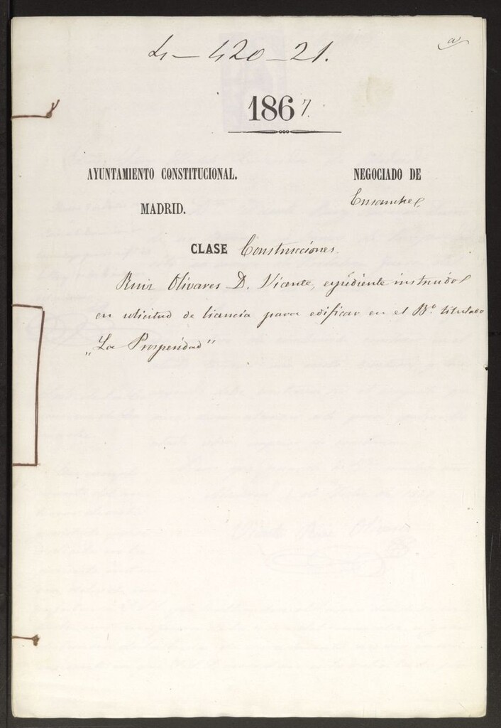Miniatura de D. Vicente Ruiz Olivares, expediente instruido en solicitud de licencia para edificar en el Bº titulado "La Prosperidad".