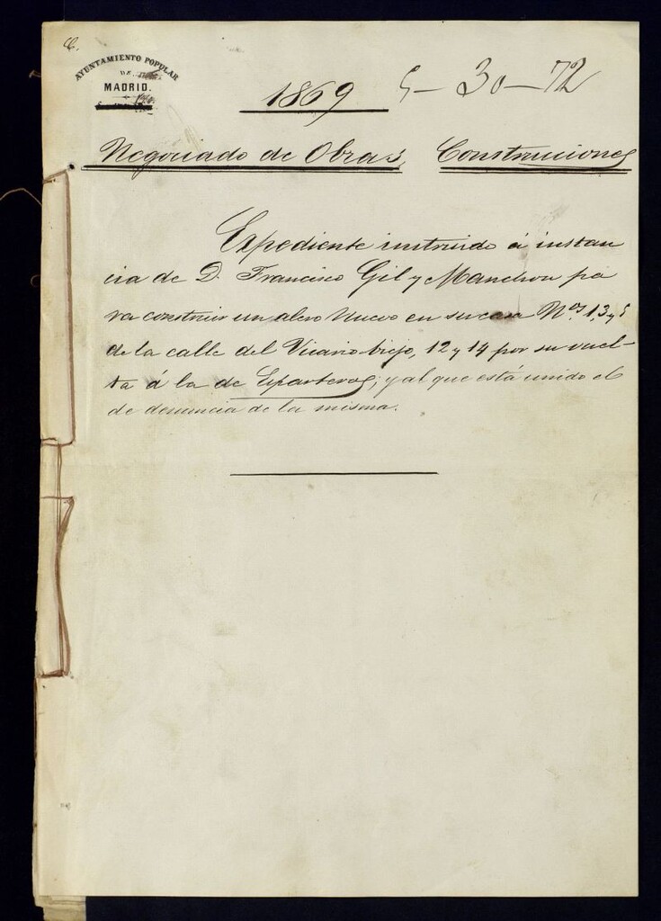 Miniatura de D. Francisco Gil y Machón, para construir un alero nuevo en su casa nºs 1,3 y 5 de la calle del Vicario Viejo, 12 y 14 por su vuelta a la de Esparteros, y al que está unido la denuncia de la misma.