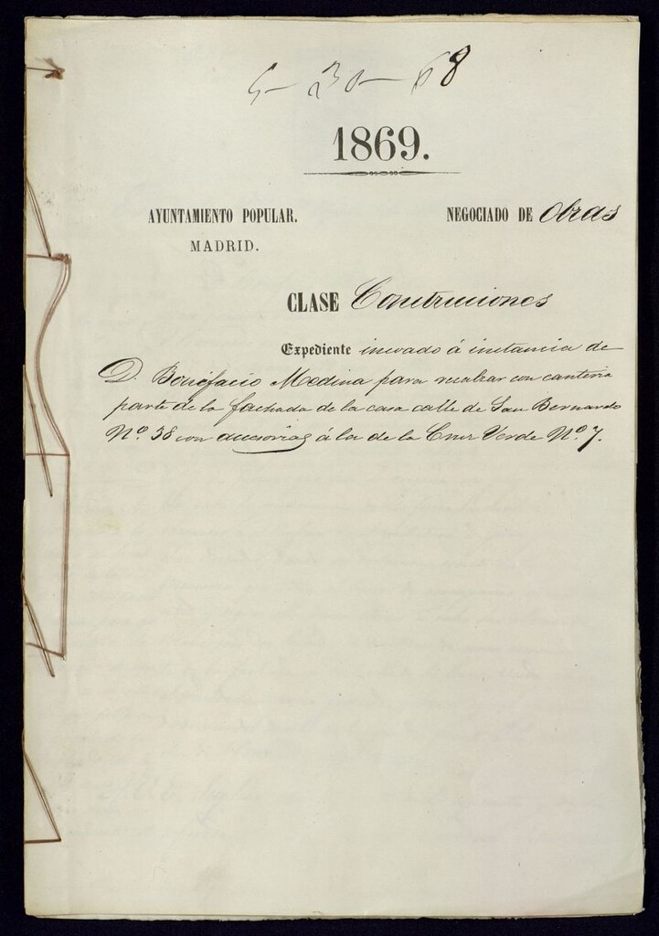 Miniatura de D. Bonifacio Medina, para recalzar con canteria parte de la fachada de la casa calle de S. Bernardo nº 38 con accesorias a la de la Cruz Verde nº 7.