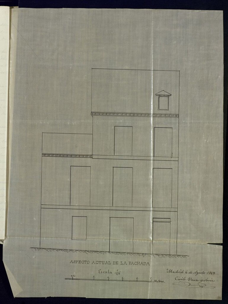 Miniatura de D. Vicente Salama, para construir de nuevo la fachada y hacer obras interiores, aumentando un piso en la casa nº 35 de la calle del León con entrada por la de Atocha 87.