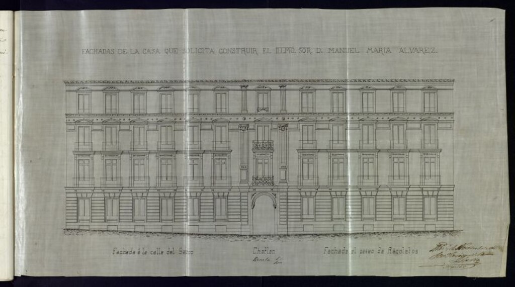 Miniatura de D. Manuel Mª Alvarez, en solicitud de licencia para construir de nueva planta, en una casa en el solar del Pª de Recoletos con vuelta a la continuación de la calle del Sauco.