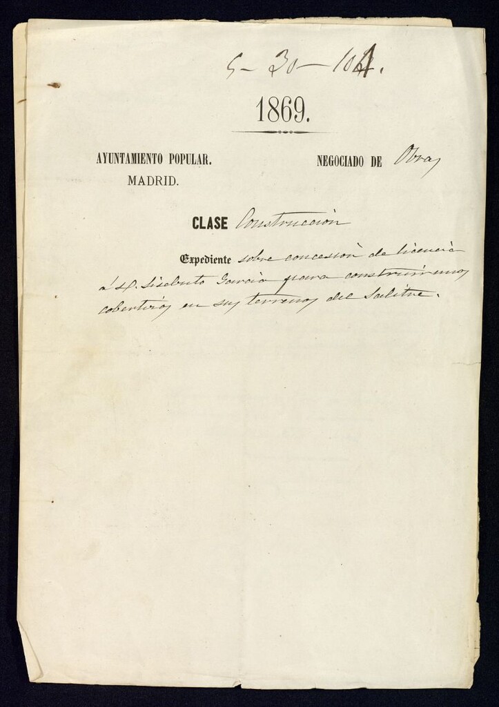 Miniatura de Sobre concesión de licencia a D. Sisebuto Garcia, para constuir unos cobertizos en sus terrenos del Salitre.
