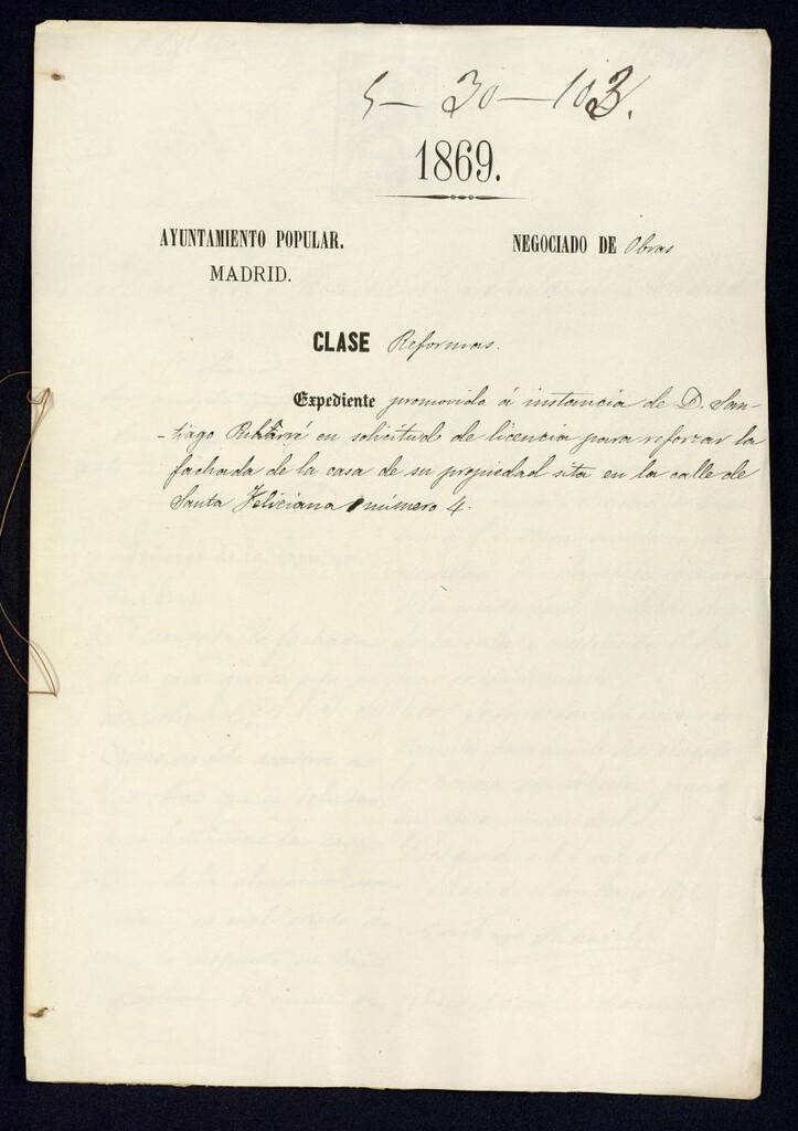 Miniatura de D. Santiago Puarre, en solicitud de licencia para reforzar la fachada de la casa de su propiedad sita en la calle de Santa Feliciana nº 4.