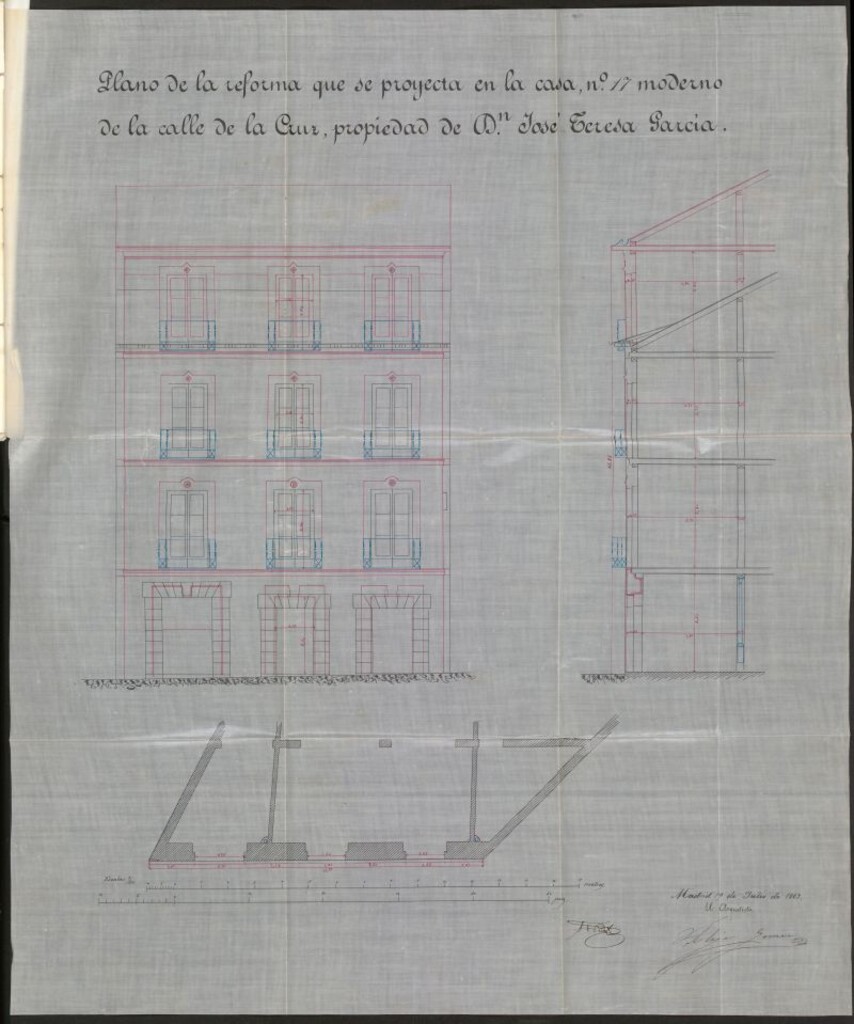 Miniatura de D. José García Tercia, para levantar un piso 3º sobre la casa nº 17 de la calle de la Cruz y ensanchar sus huecos.