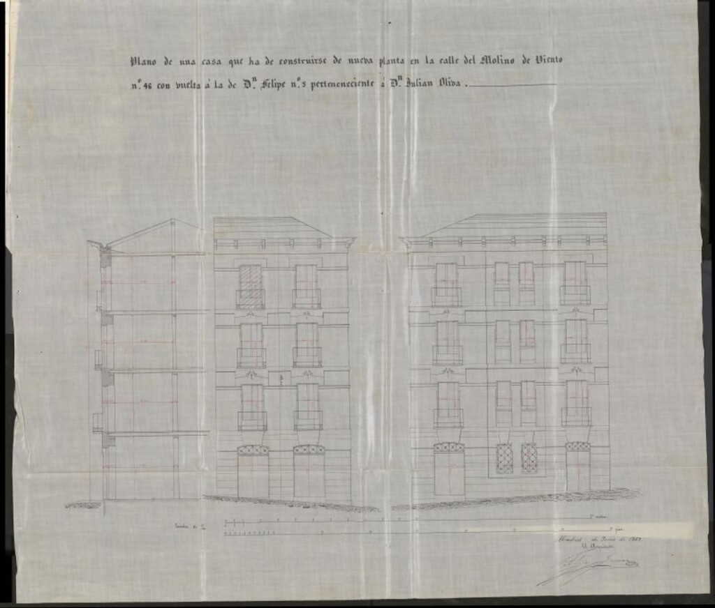 Miniatura de D. Julián Oliva, para construir de nueva planta la casa nº 46 de la calle del Molino de Viento con vuelta a la de D. Felipe.