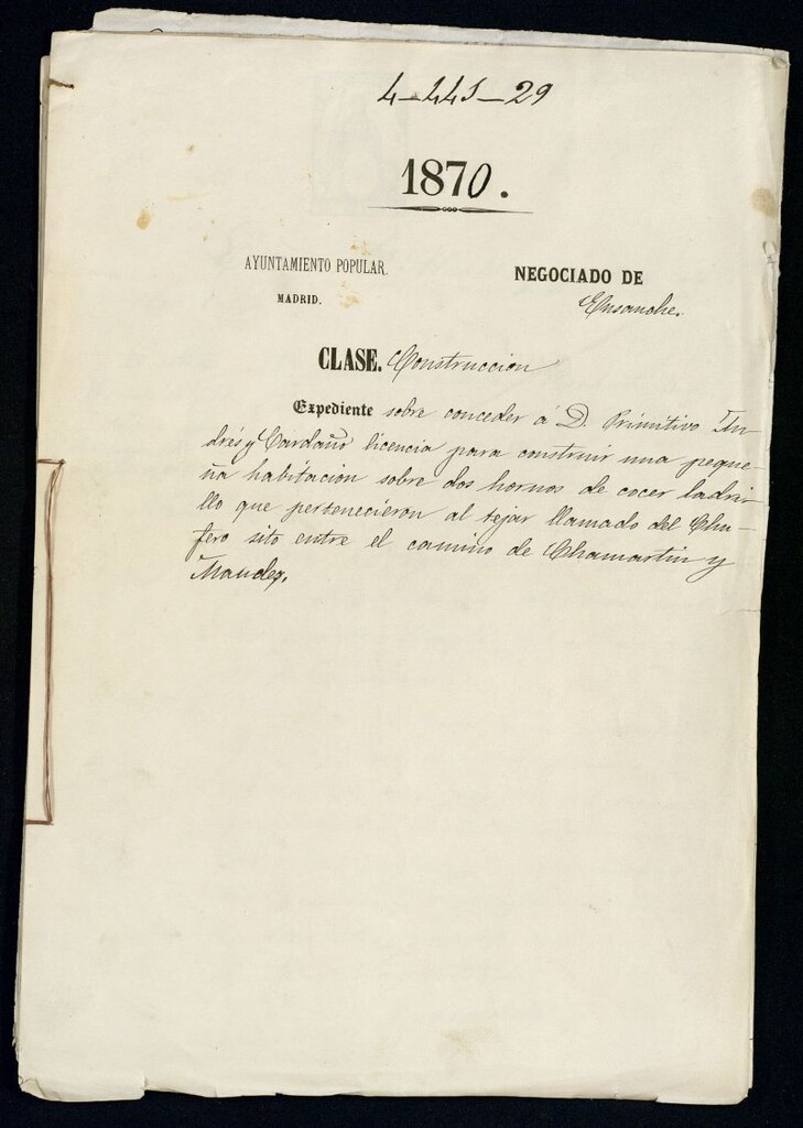 Miniatura de D. Primitivo Andrés Cardaño, licencia para construir una pequeña habitación sobre dos hornos de cocer ladrillo que perteneciero al tejar llamado Chufero, sito entre el camino de Chamartín y Maudes.