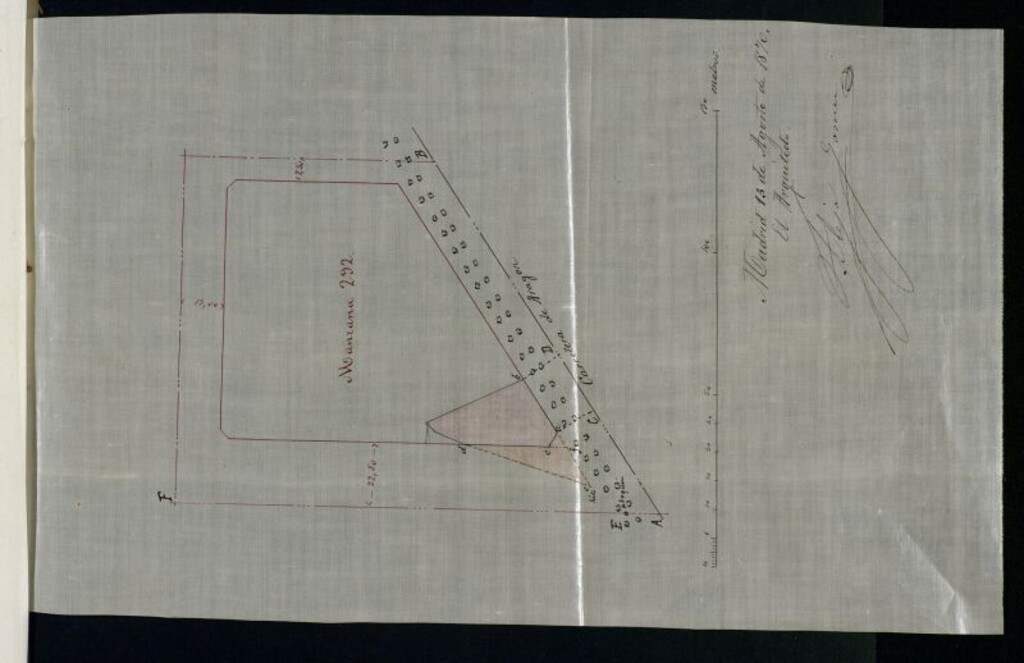 Miniatura de D. Pedro Nadal, en solicitud de liencia para edificar una casa y muro de cerramiento en las afuertas de la Puerta de alcalá, manzana 292 del Ensanche.