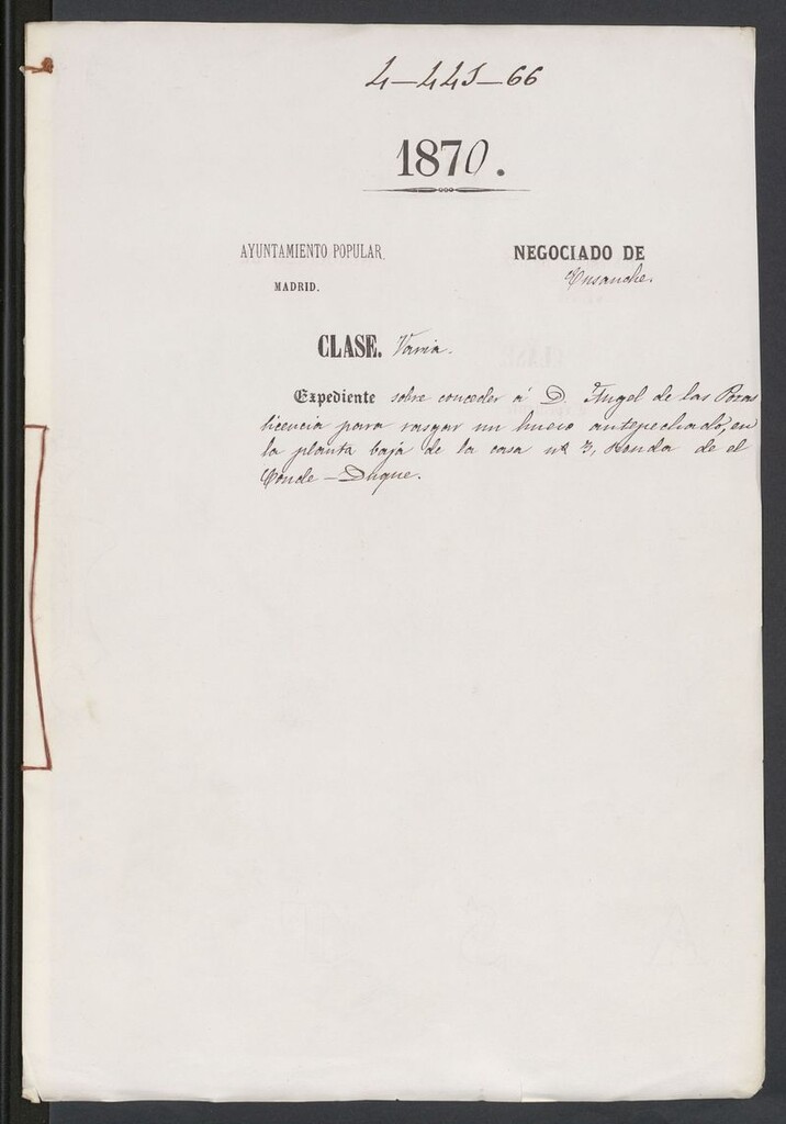 Miniatura de D. Angel de las Pozas, licencia para rasgar un hueco antepechado, en la planta baja de la casa nº 3, ronda de el Conde Duque.