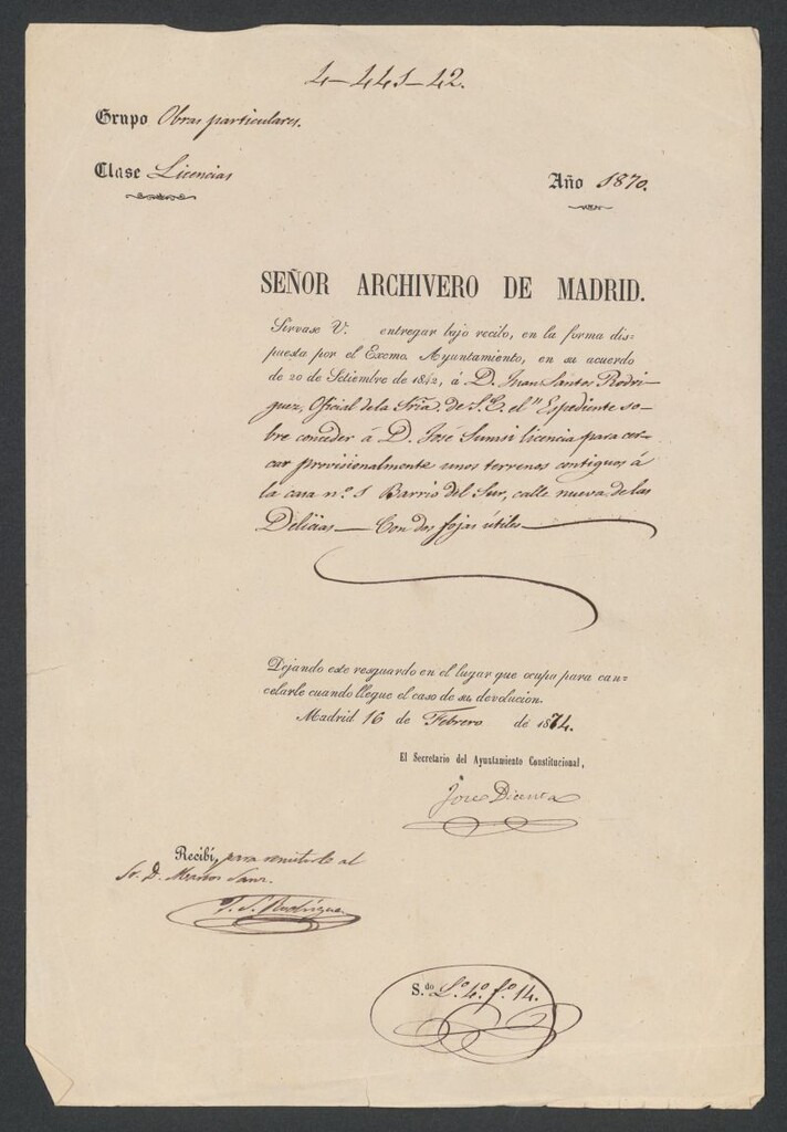Miniatura de D. José Sunsi, licencia para cercar provisionalmente unos terrenos contiguos a la casa nº 1 Barrio del Sur, calle nueva de las Delicias.