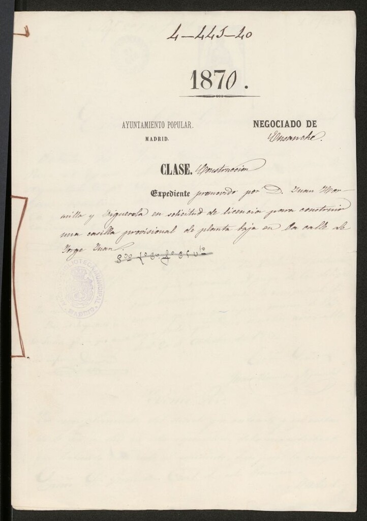 Miniatura de D. Juan Hormilla Iguerola, en solicitud de licencia para construir una casilla provisional de planta baja en la calle de Jorge Juan.