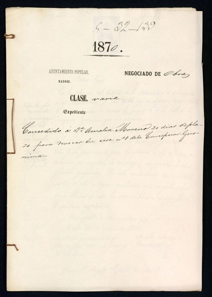 Miniatura de Dª Amalia Moreno, 20 días de plazo para revocar su casa nº 8 de la Concepción Gerónima.