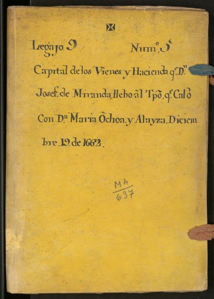 Miniatura de Capital de los Vienes y Hacienda q[u]e D[o]n Josef de Miranda llebo al T[iem]po q[u]e caso con D[oñ]a María Ochoa y Alayza Diciembre. 19 de 1662