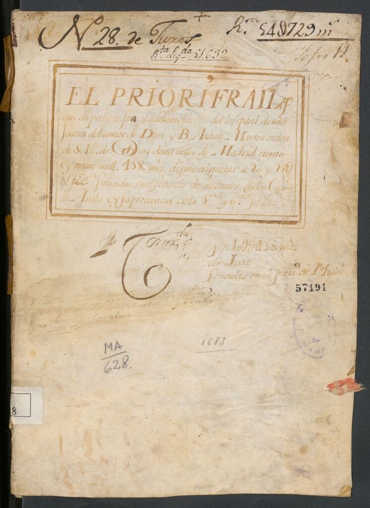 Miniatura de El Prior y frailes que al presente son y adelante fueren del Hospital de N[uest]ra Señora del Amor de Dios y B[eato] Antón Martín orden de S[an] I[ua]n de Dios de esta Villa de Madrid ciento y nueve mil 458 mrs [i.e. maravedies] de juro al quitar de 20 a 250 mil situados en el servicio de millones de la Ciudad de Avila y su provincia...