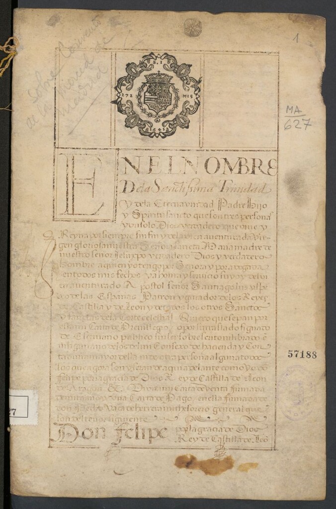 Miniatura de [Privilegio y carta de pago al Convento de la Merced de Madrid para redención de cautivos de bienes muebles e inmuebles procedentes de las salinas de Granada]
