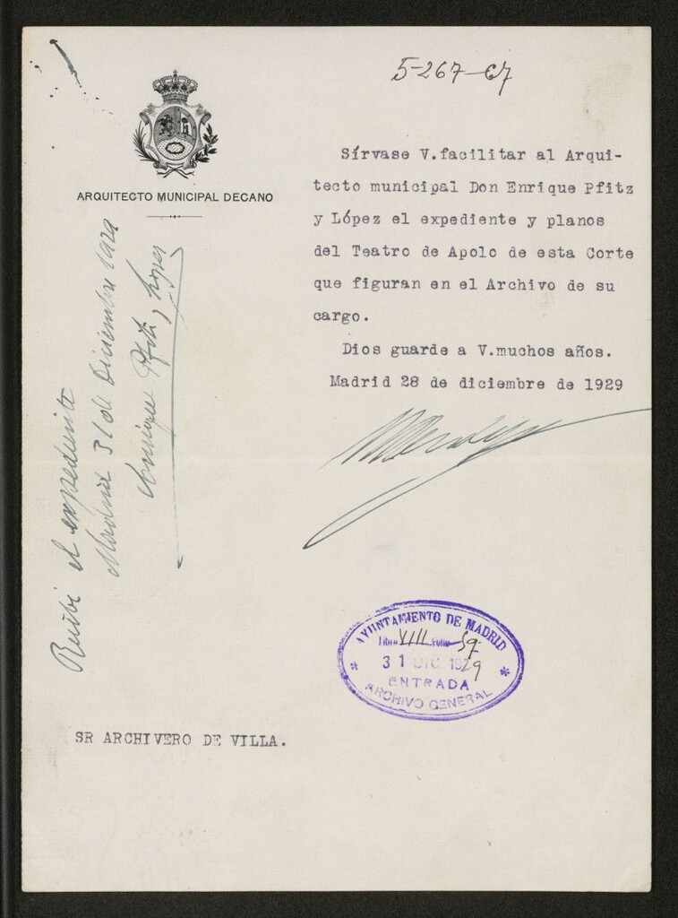 Miniatura de Recibo de entrega de los expedientes y planos del Teatro Apolo a D. Enrique Pfitz y López