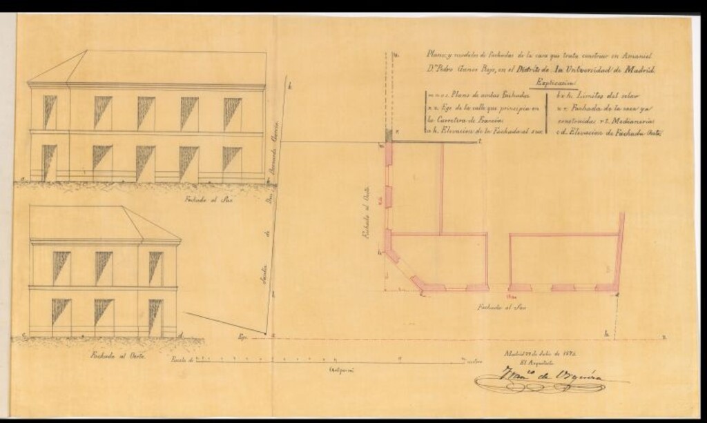 Miniatura de D. Pedro Gonzo Rojo, para construir una casa de planta baja y principal en un terreno del sitio denominado Valle del Moro, a la izquierda de los Cuatro Caminos.