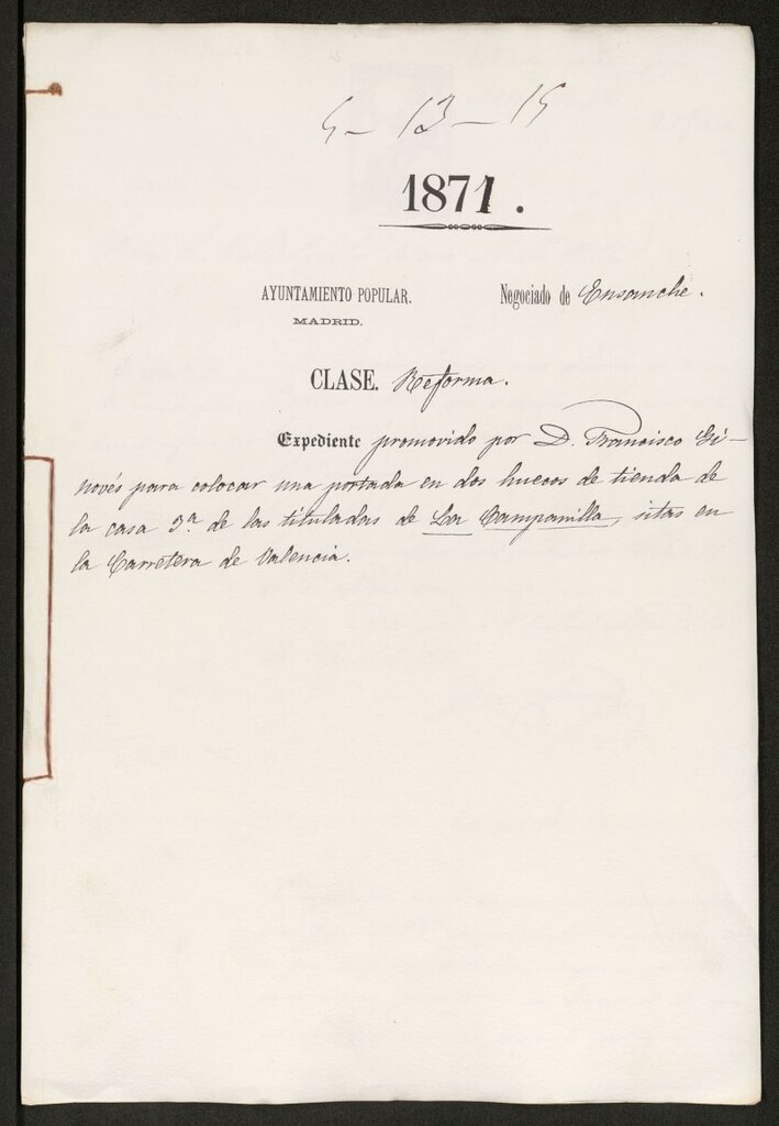 Miniatura de D. Francisco Genovés, para colocar una portada en dos huecos de tienda de la casa 3ª de la tituladas de La Campanilla, sitas en la Carretera de Valencia.