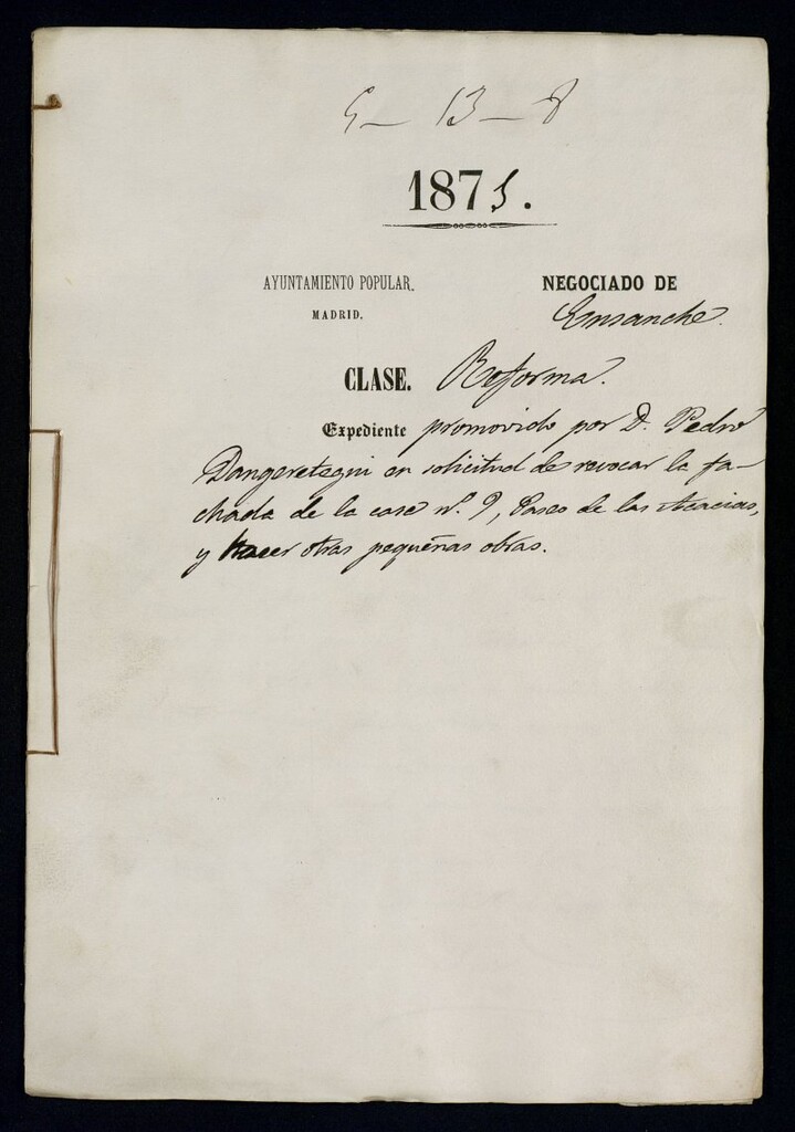 Miniatura de D. Pedro Dangeretegni, en solicitud de revocar la fachada de la casa nº 9, Paseo de las Acacias, y hacer otras pequeñas obras.