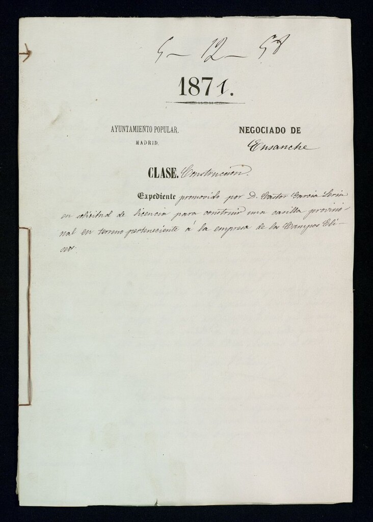 Miniatura de D. Castor García Lerín, en saolicitud de licencia para construir una casilla provisional en terreno perteneciente a la empresa de los Campos Elíseos.