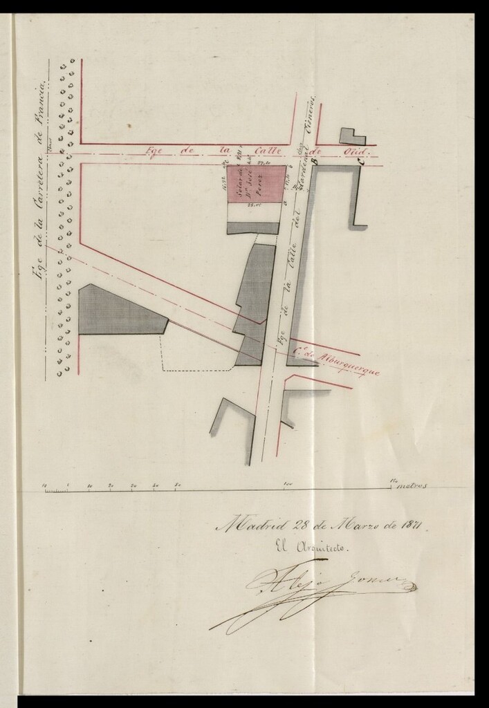 Miniatura de D. José Pérez, solicitando construir de nueva planta en un solar con fachadas a la calle de Cisneros y a la de Olid.