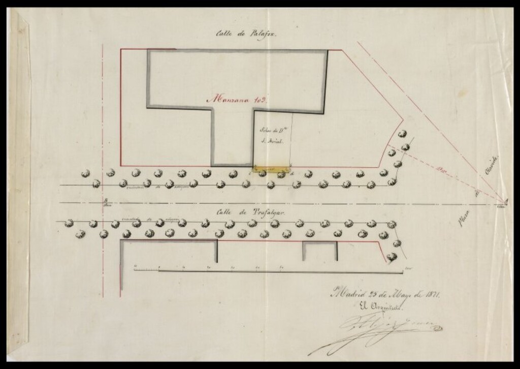 Miniatura de D. José Arrial y Flores, para construir en un terreno de la manzana 109, calle  de Trafalgar.